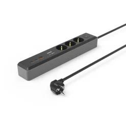 Steckdosenleiste, 3-fach, USB-C/A 100W, PD, Schalter, 1,4 m, Schwarz/Grau