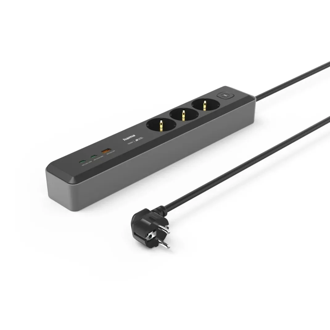Steckdosenleiste, 3-fach, USB-C/A 100W, PD, Schalter, 1,4 m, Schwarz/Grau