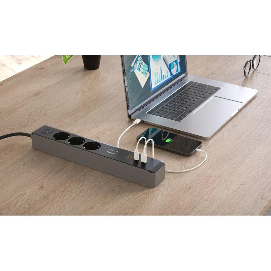 Steckdosenleiste, 3-fach, USB-C/A 100W, PD, Schalter, 1,4 m, Schwarz/Grau
