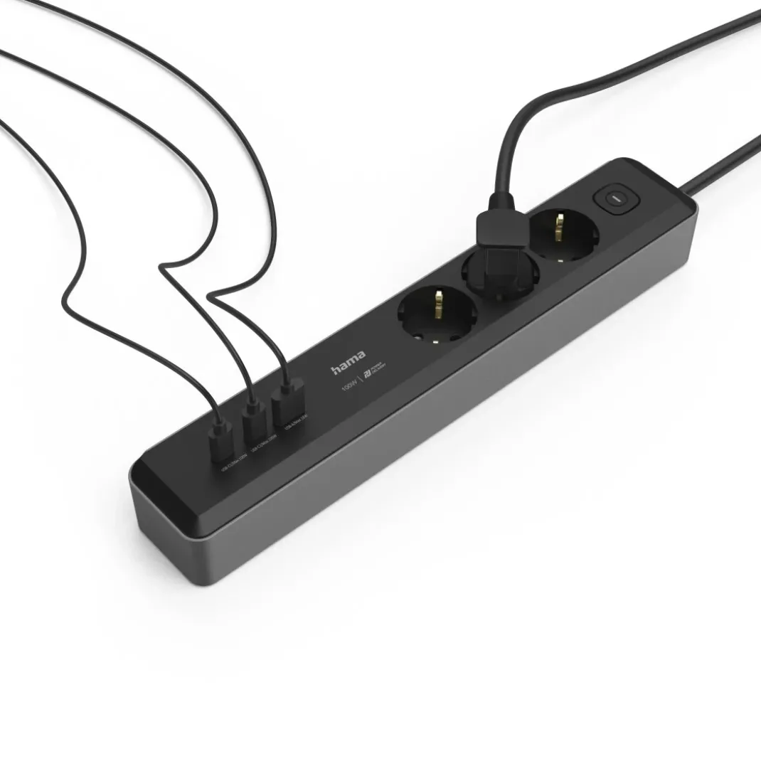 Steckdosenleiste, 3-fach, USB-C/A 100W, PD, Schalter, 1,4 m, Schwarz/Grau