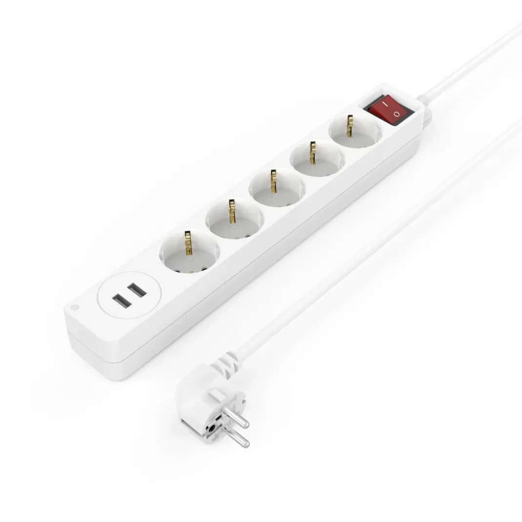 Steckdosenleiste, 5-fach, USB-A 17W, Schalter, 1,4 m, Weiß