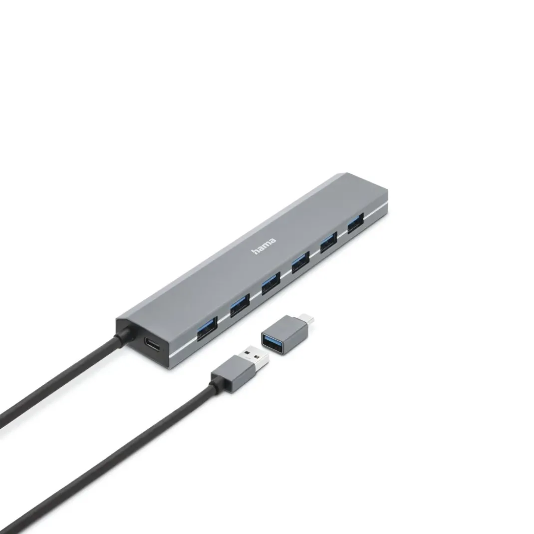 USB-Hub, 7 Ports, USB 3.2 Gen1, 5 Gbit/s, inkl. USB-C-Adapter und Netzteil