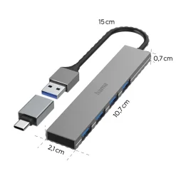 USB-Hub, 4 Ports, USB 3.2 Gen1, 5 Gbit/s, Ultra Slim, inkl. USB-C-Adapter