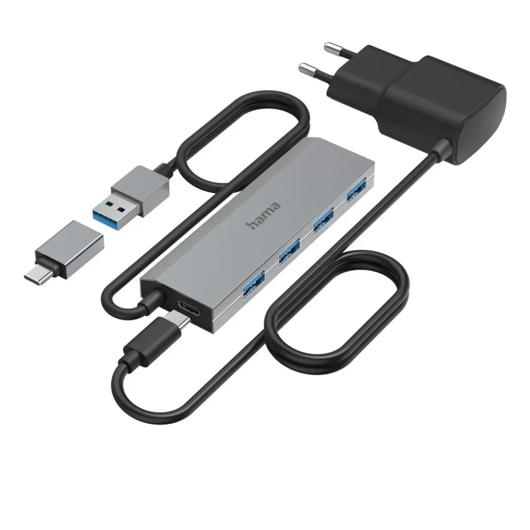USB-Hub, 4 Ports, USB 3.2 Gen1, 5 Gbit/s, inkl. USB-C-Adapter und Netzteil
