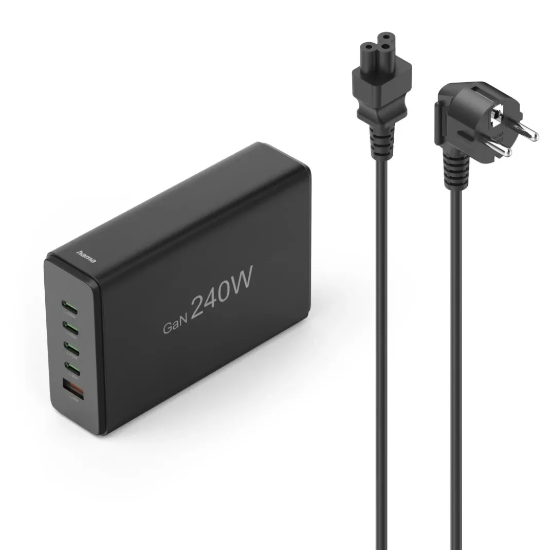 USB-Ladestation 5 Ports, GaN, Schnellladegerät, 4xUSB-C, 1xUSB-A, PD, 240 W