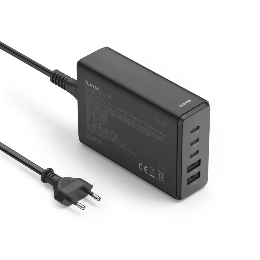 USB-Ladestation 5 Ports, GaN, Schnellladegerät, 3xUSB-C, 2xUSB-A, PD, 140 W