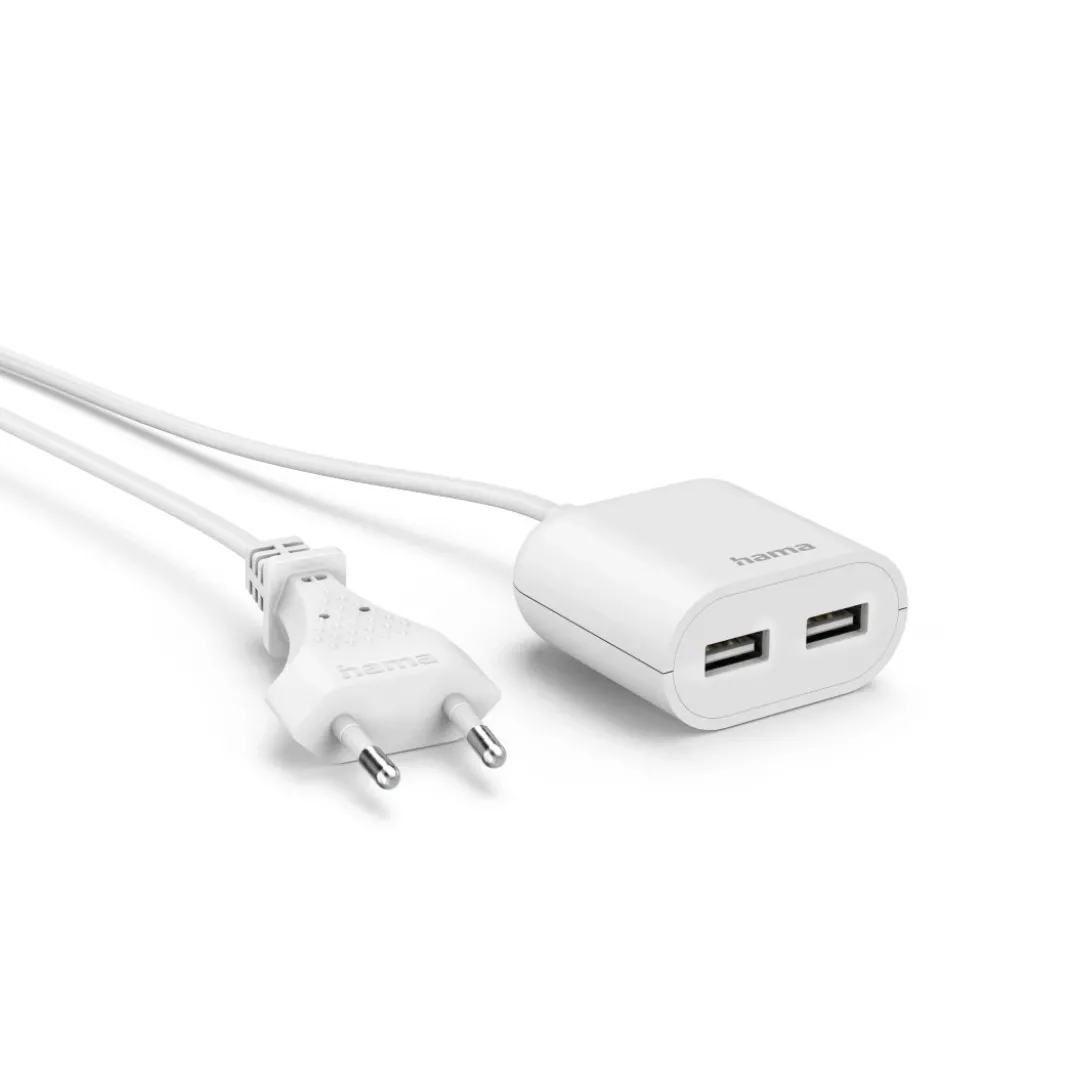USB-Netzteil mit 1,9 m langem Kabel, 2,4 A, 2x USB-A, Weiß
