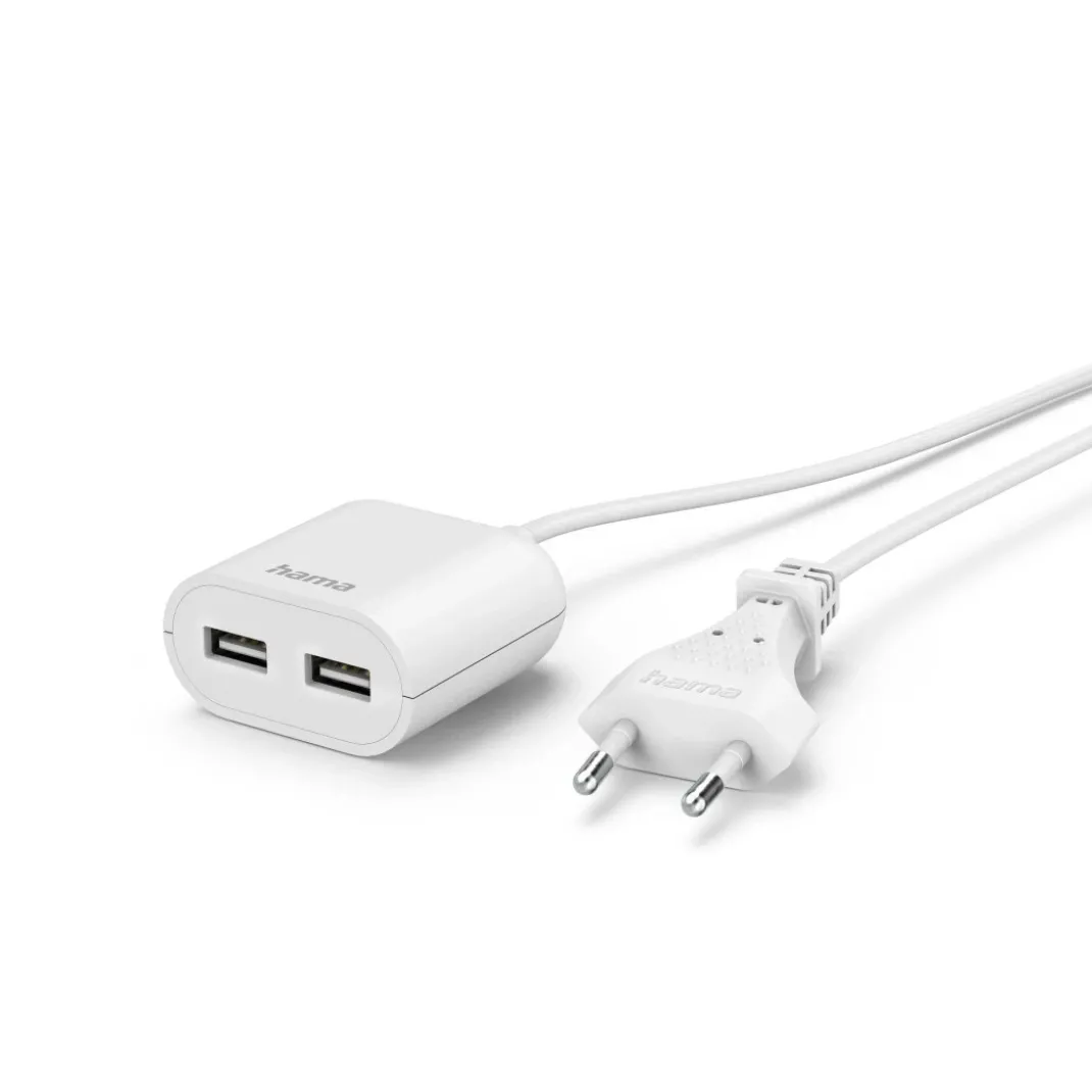 USB-Netzteil mit 1,9 m langem Kabel, 2,4 A, 2x USB-A, Weiß