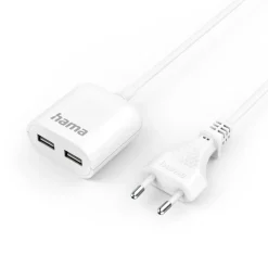 USB-Netzteil mit 1,9 m langem Kabel, 2,4 A, 2x USB-A, Weiß