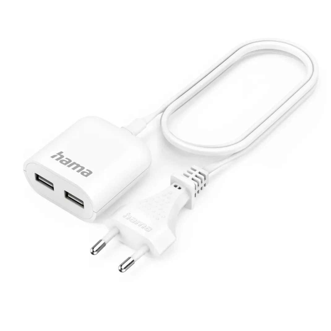 USB-Netzteil mit 1,9 m langem Kabel, 2,4 A, 2x USB-A, Weiß