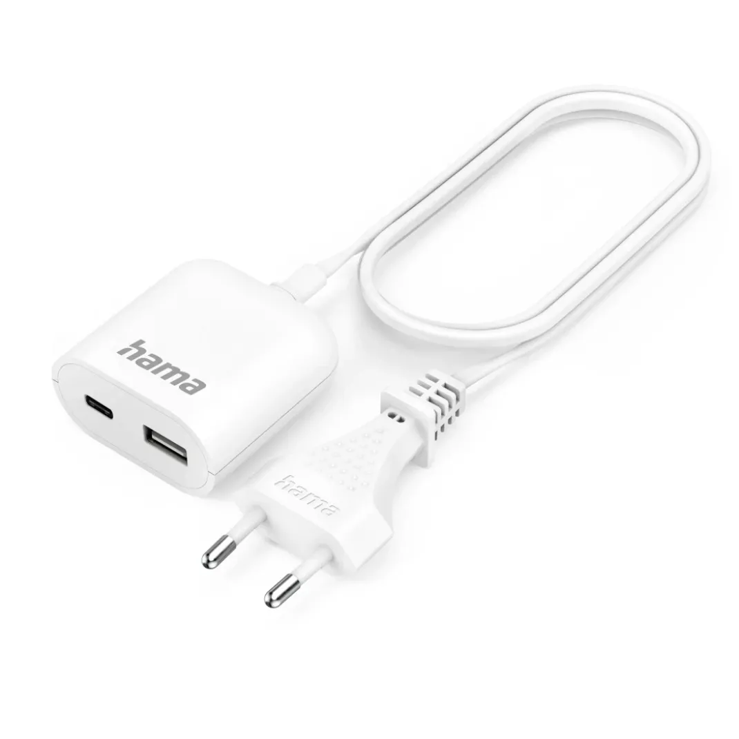 USB-Netzteil mit 1,9 m langem Kabel, 3,5A, 1x USB-A, 1x USB-C, Weiß