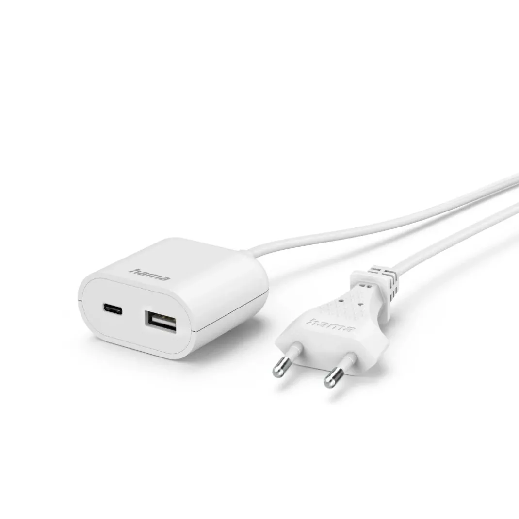 USB-Netzteil mit 1,9 m langem Kabel, 3,5A, 1x USB-A, 1x USB-C, Weiß