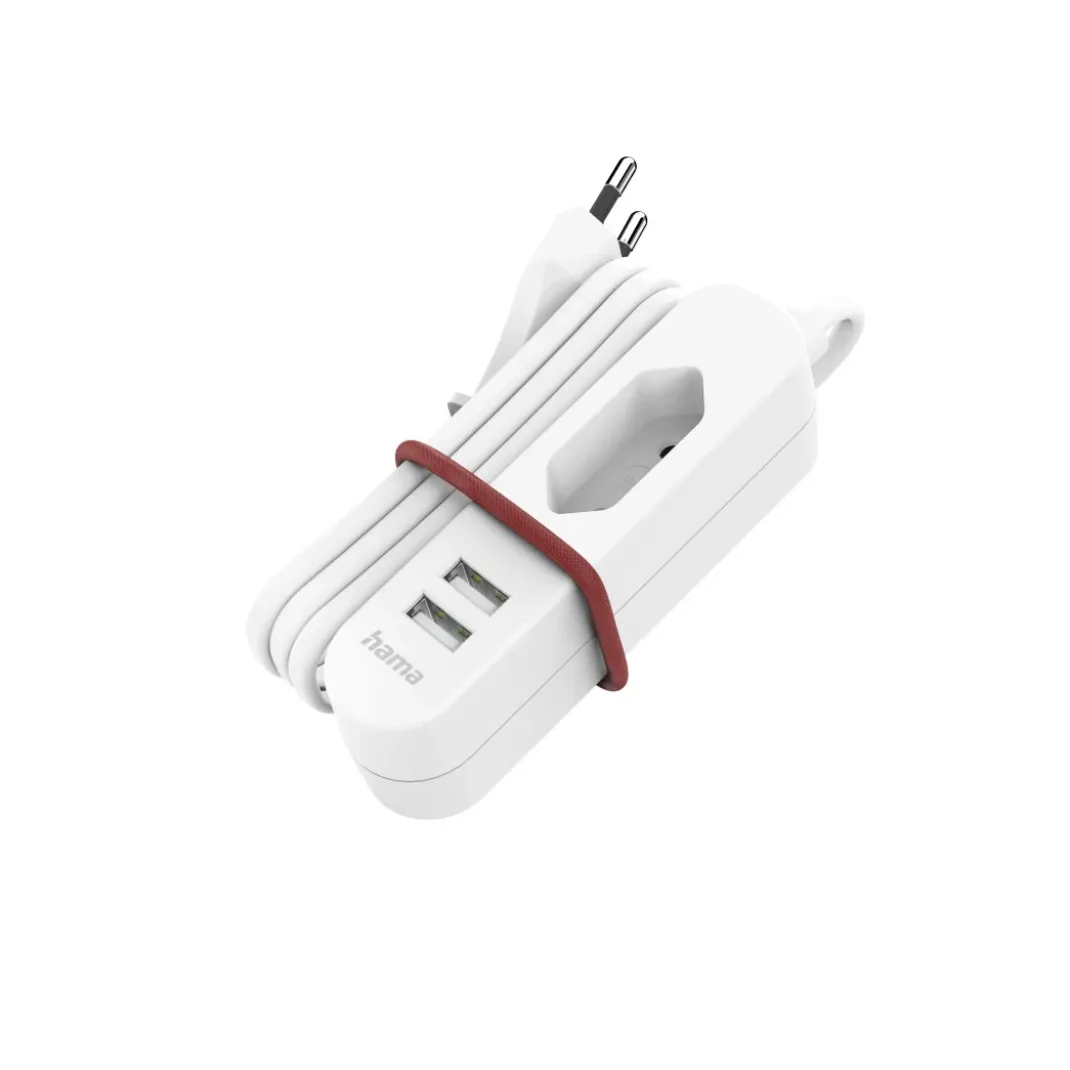 USB-Netzteil mit 1,9 m langem Kabel und Eurobuchse, 2x USB-A, Weiß