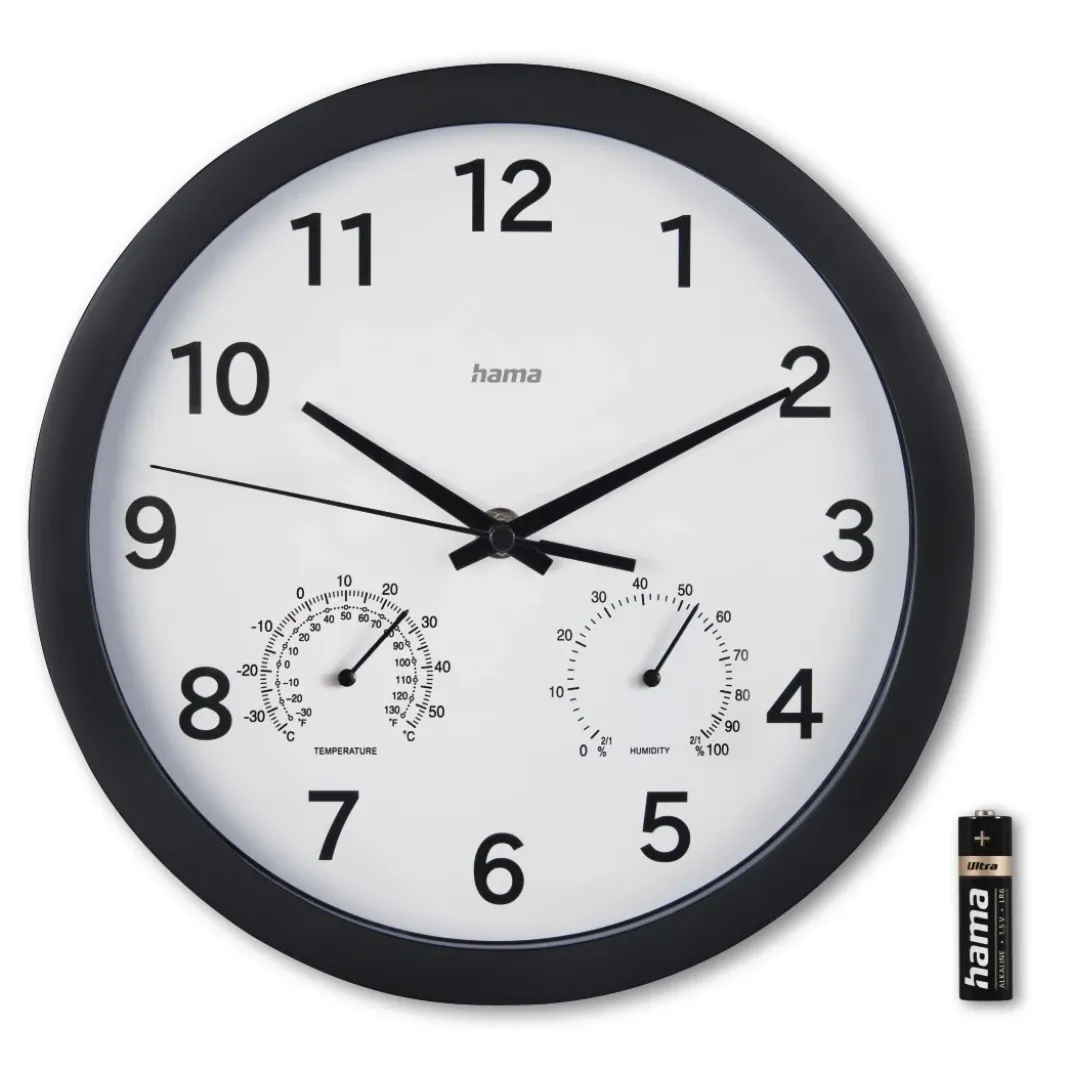 Wanduhr "Malta", Ø 25 cm, mit Thermo-/Hygrometer, ohne Ticken, Schwarz