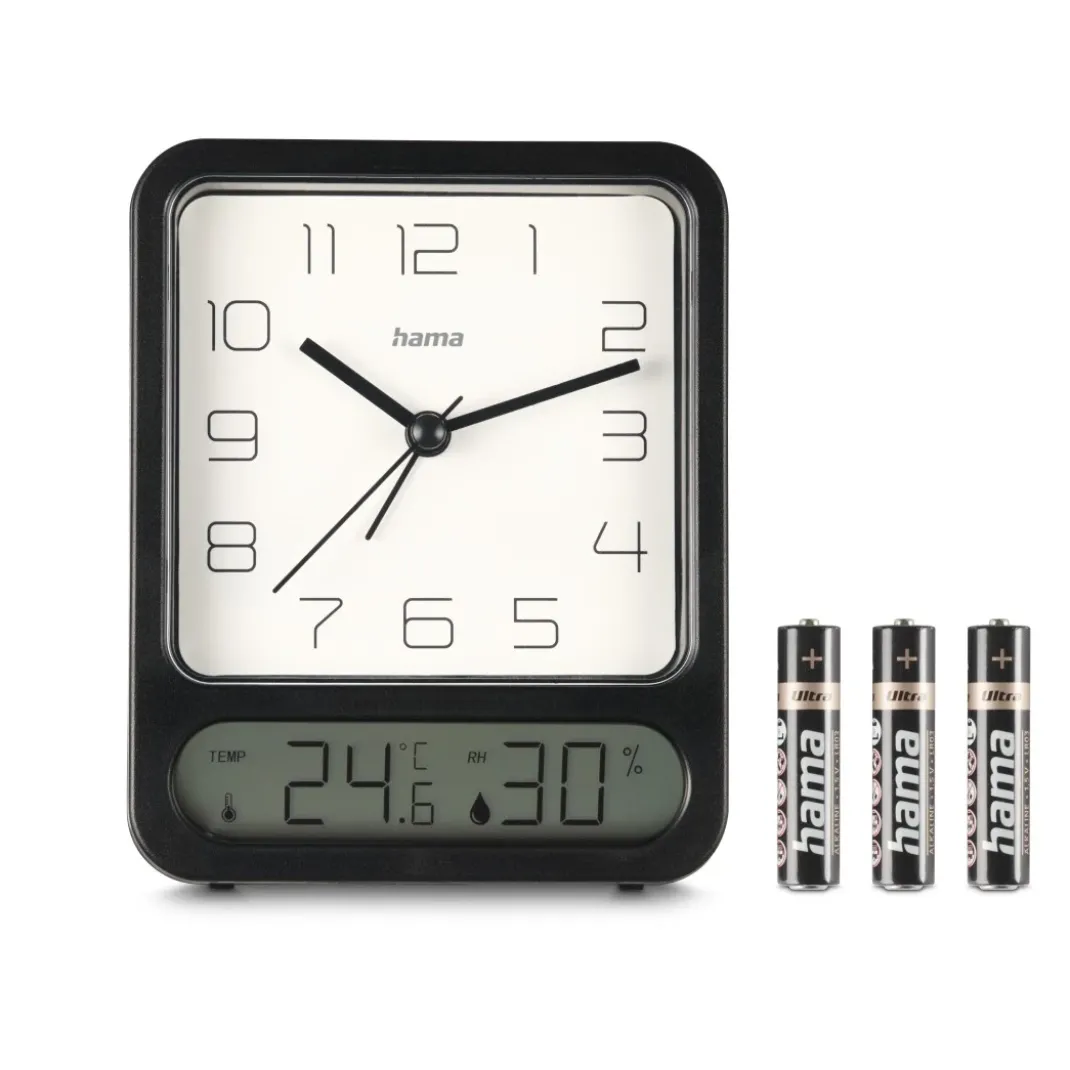 Wecker "Pag", mit Thermometer/Hygrometer, ohne Ticken, Schwarz